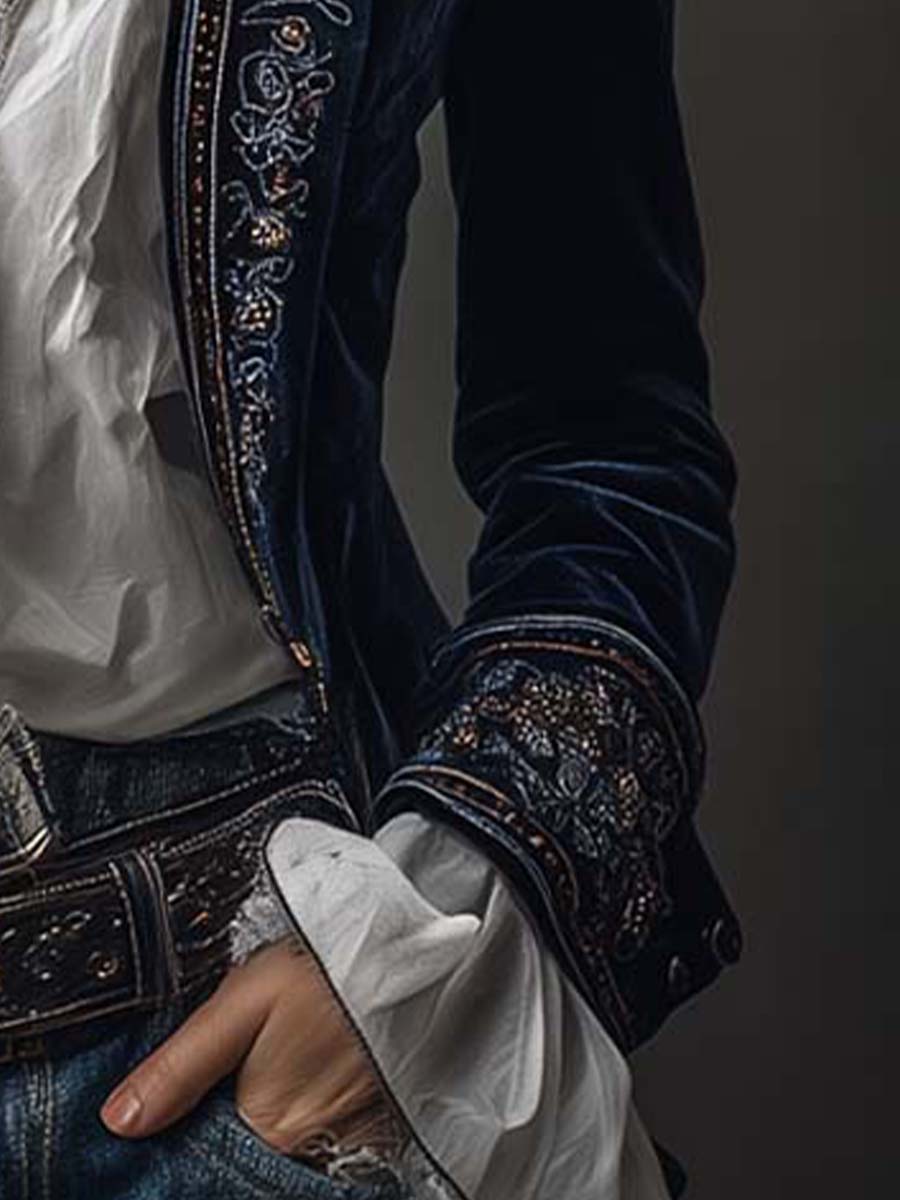 Atenea | Elegante chaqueta larga vintage bordada en azul marino