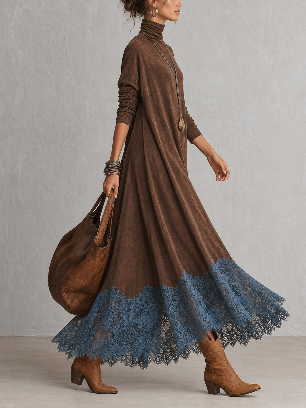 Lorena | Vestido largo efecto ante con bajo de encaje