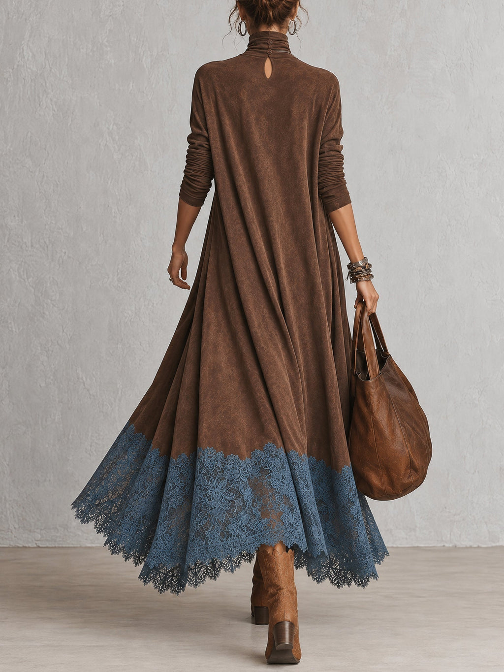 Lorena | Vestido largo efecto ante con bajo de encaje