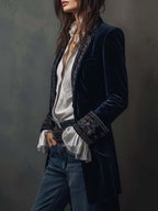 Atenea | Elegante chaqueta larga vintage bordada en azul marino