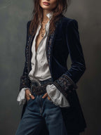 Atenea | Elegante chaqueta larga vintage bordada en azul marino