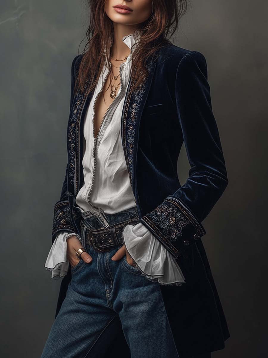 Atenea | Elegante chaqueta larga vintage bordada en azul marino