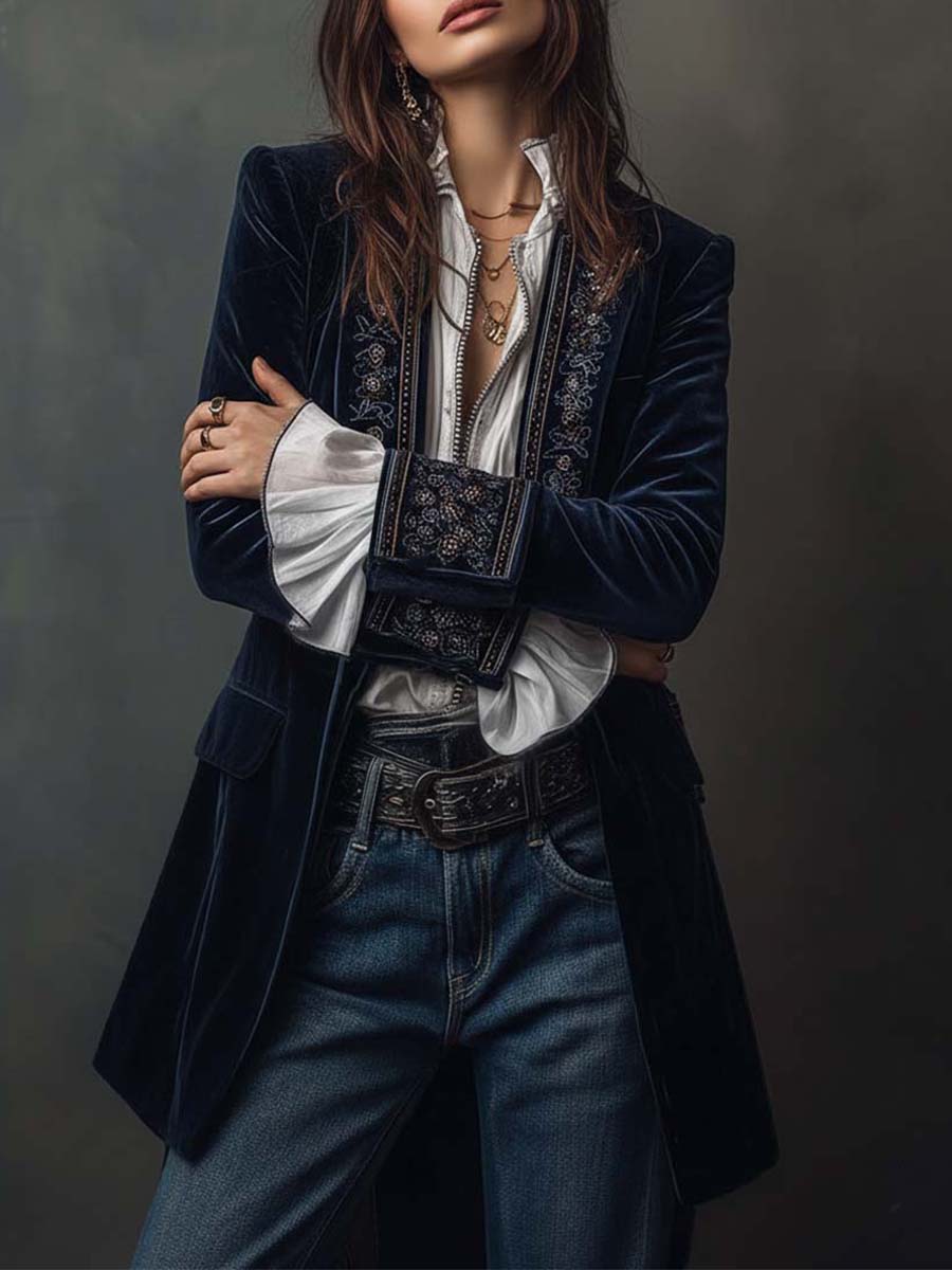 Atenea | Elegante chaqueta larga vintage bordada en azul marino