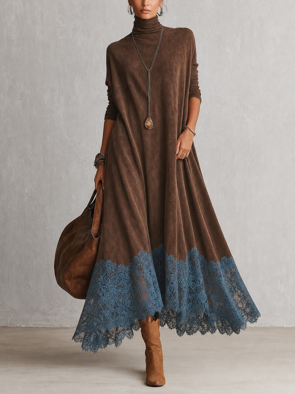 Lorena | Vestido largo efecto ante con bajo de encaje