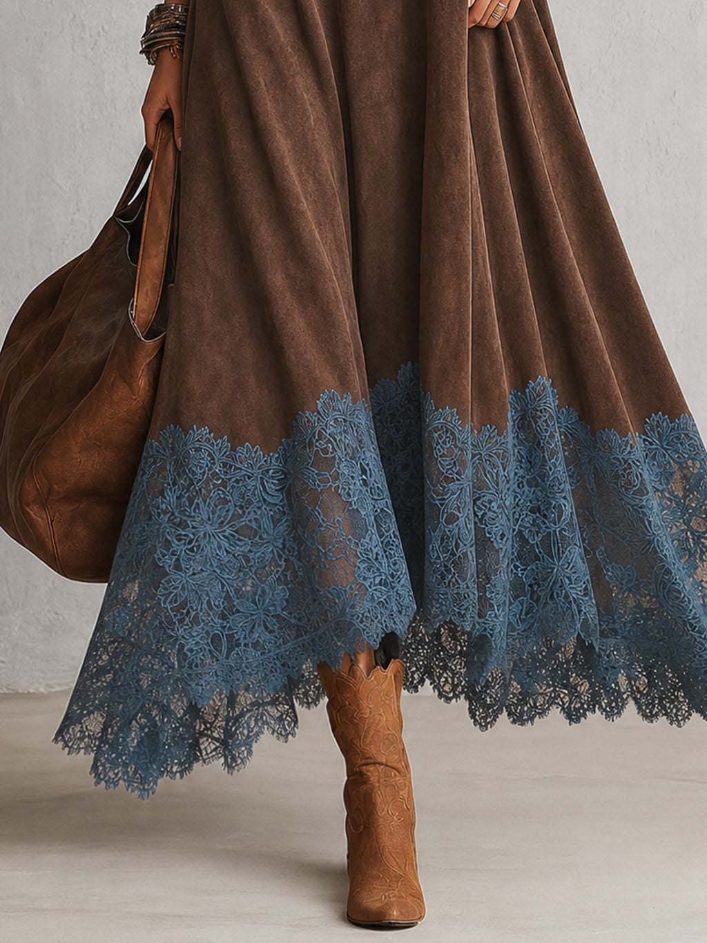 Lorena | Vestido largo efecto ante con bajo de encaje