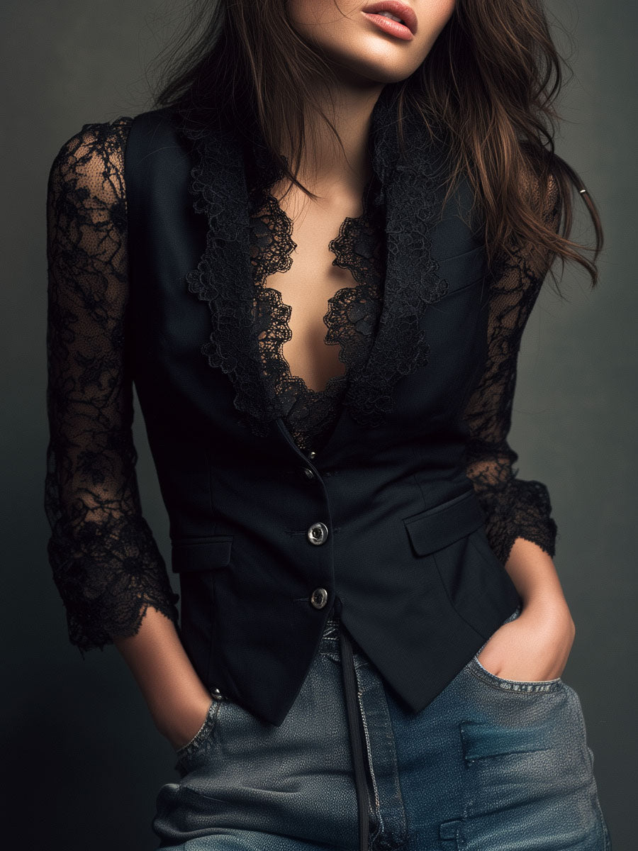 Noemí | Elegante blazer negro con mangas semitransparentes