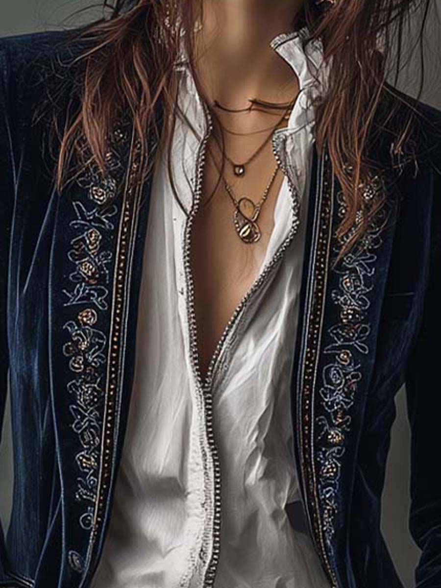 Atenea | Elegante chaqueta larga vintage bordada en azul marino