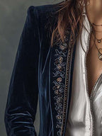Atenea | Elegante chaqueta larga vintage bordada en azul marino