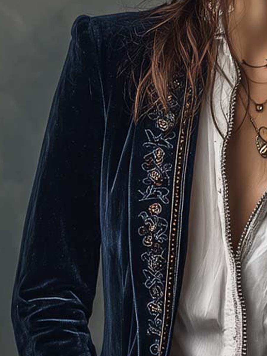 Atenea | Elegante chaqueta larga vintage bordada en azul marino