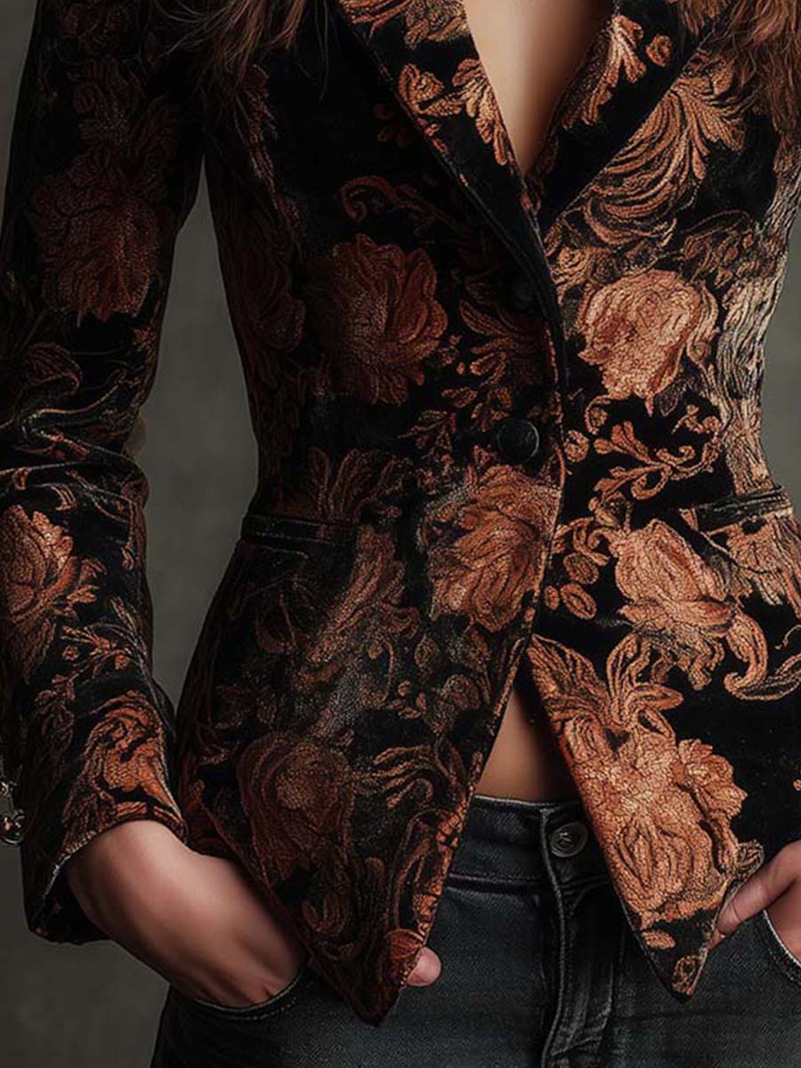 Berta | Blazer sastre elegante con estampado floral negro y bronce
