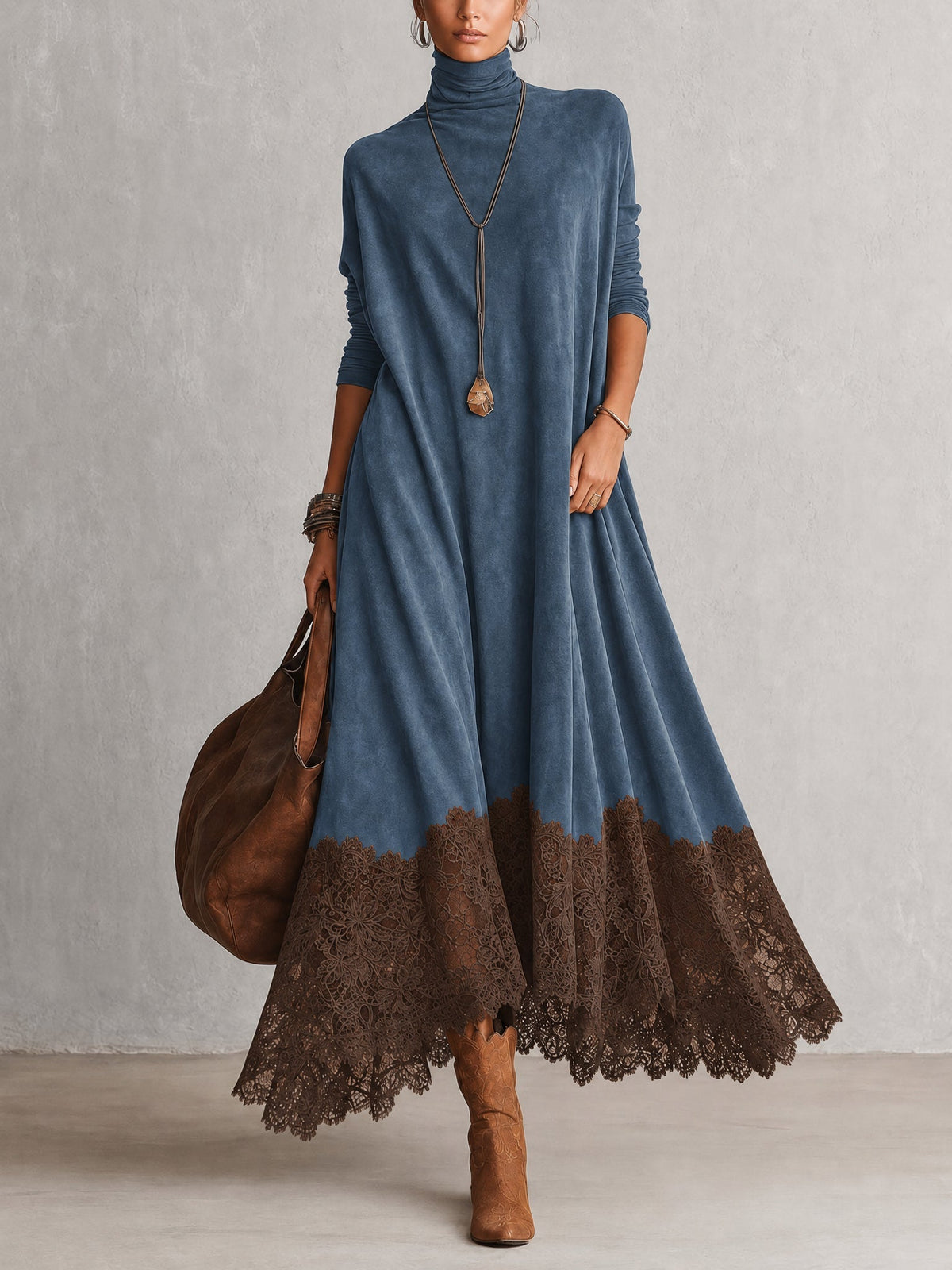 Lorena | Vestido largo efecto ante con bajo de encaje