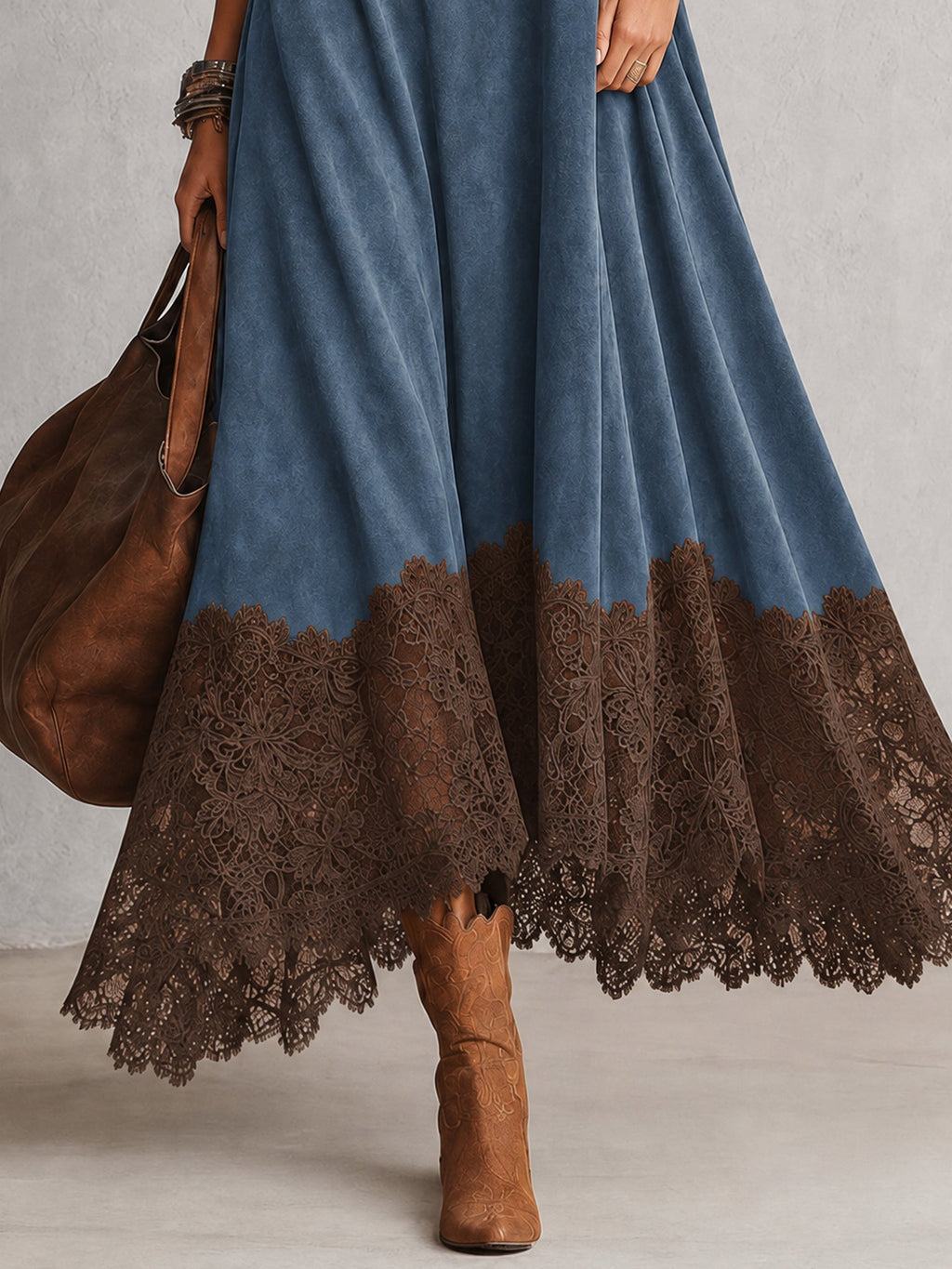 Lorena | Vestido largo efecto ante con bajo de encaje