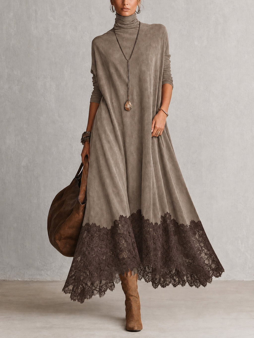 Lorena | Vestido largo efecto ante con bajo de encaje