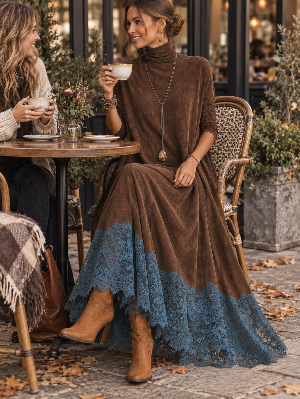 Lorena | Vestido largo efecto ante con bajo de encaje