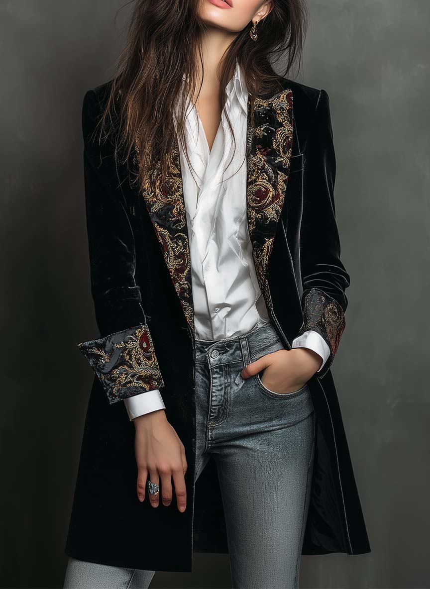 Leontina | Elegante blazer negro entallado con estampado barroco