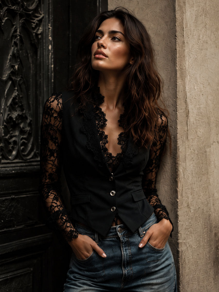 Noemí | Elegante blazer negro con mangas semitransparentes