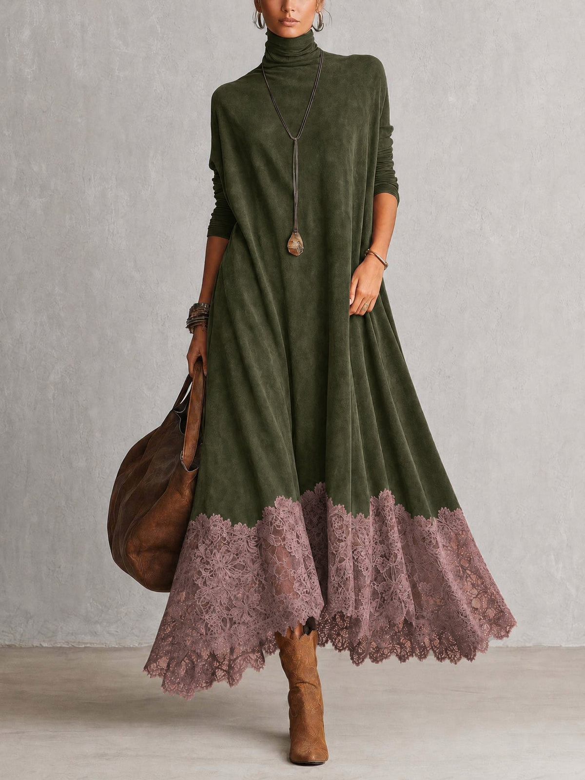 Lorena | Vestido largo efecto ante con bajo de encaje