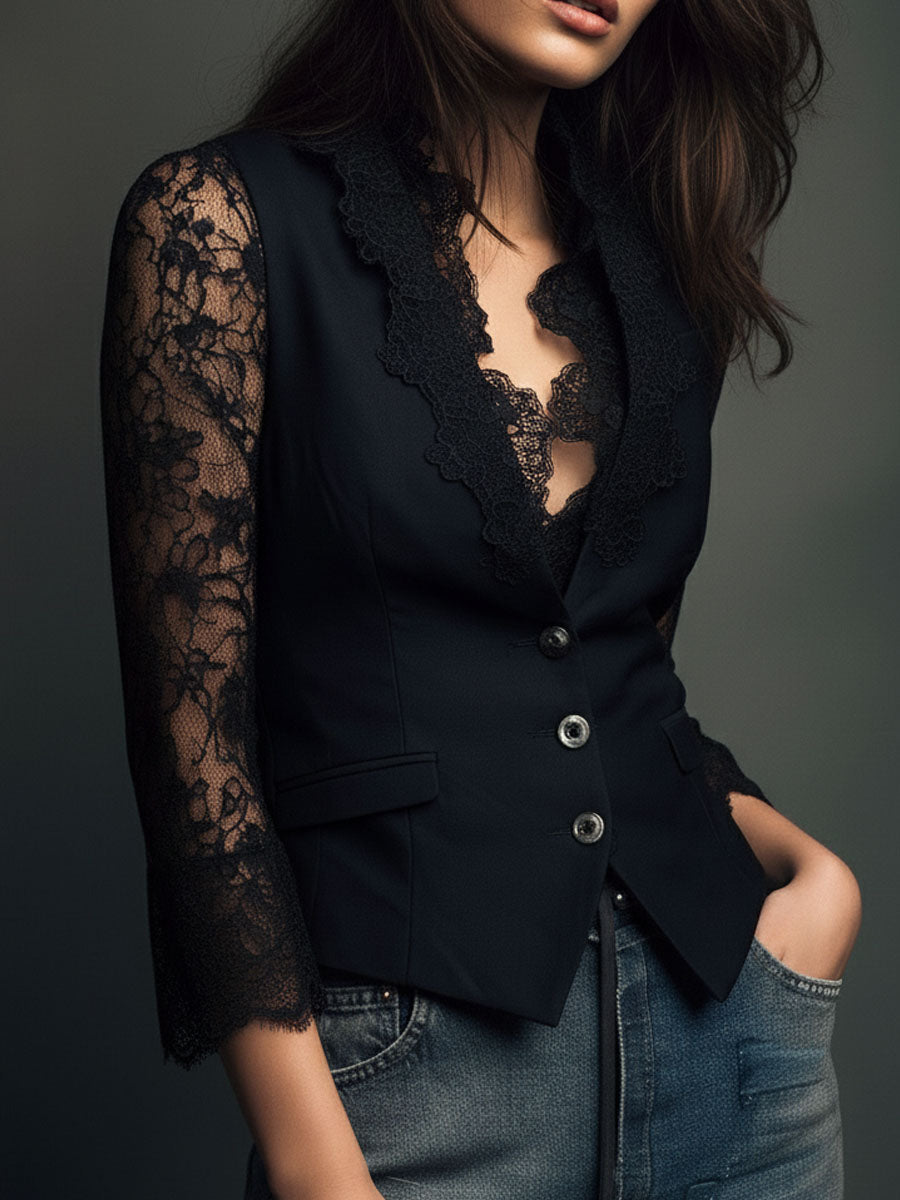Noemí | Elegante blazer negro con mangas semitransparentes