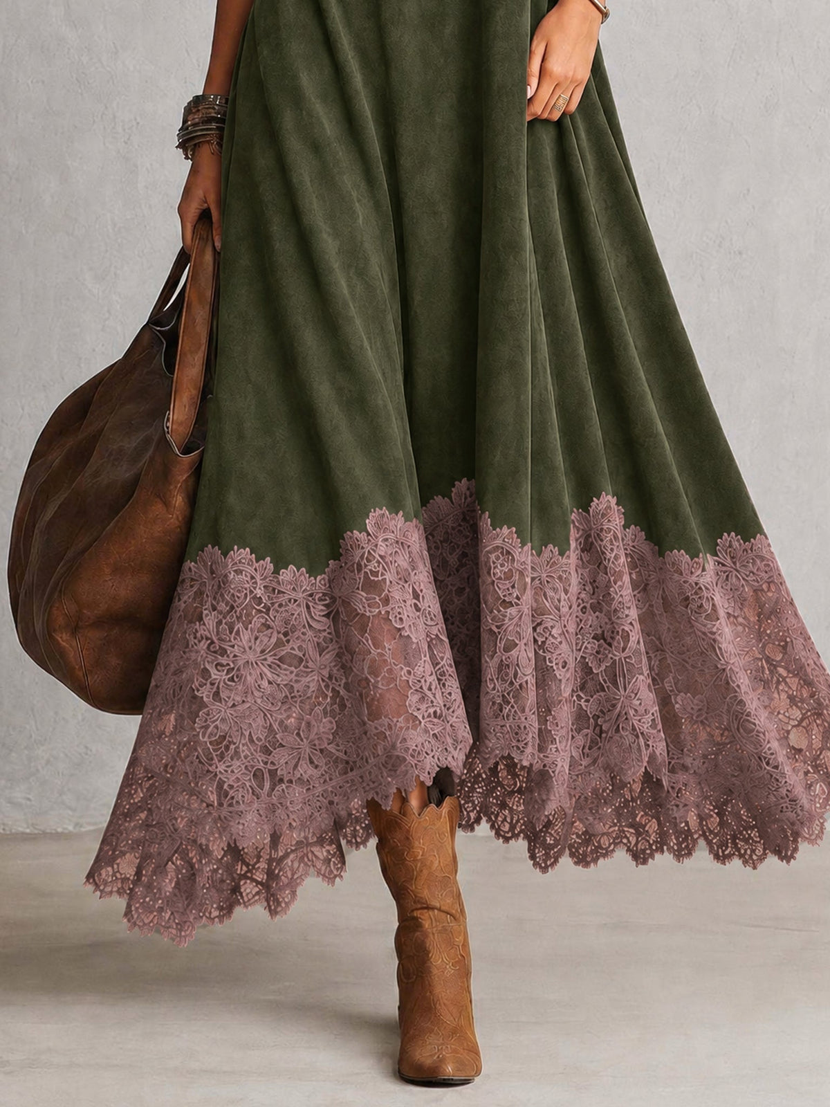 Lorena | Vestido largo efecto ante con bajo de encaje