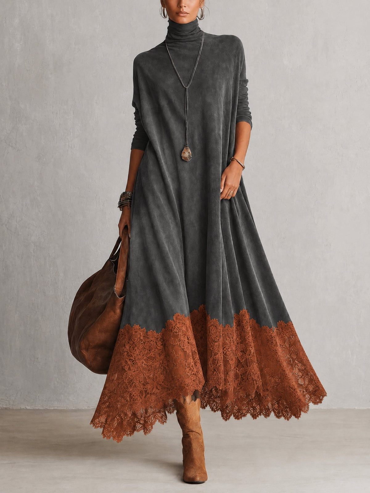 Lorena | Vestido largo efecto ante con bajo de encaje