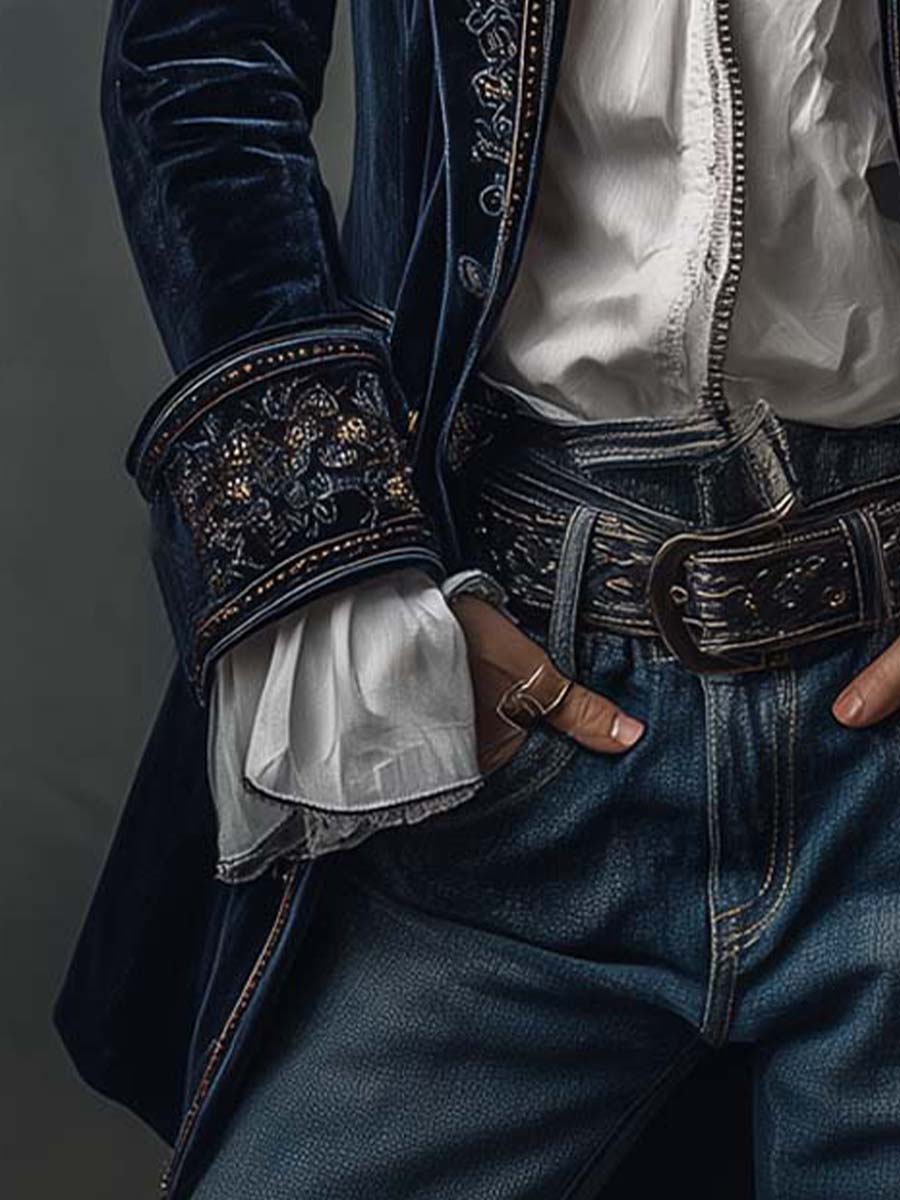 Atenea | Elegante chaqueta larga vintage bordada en azul marino