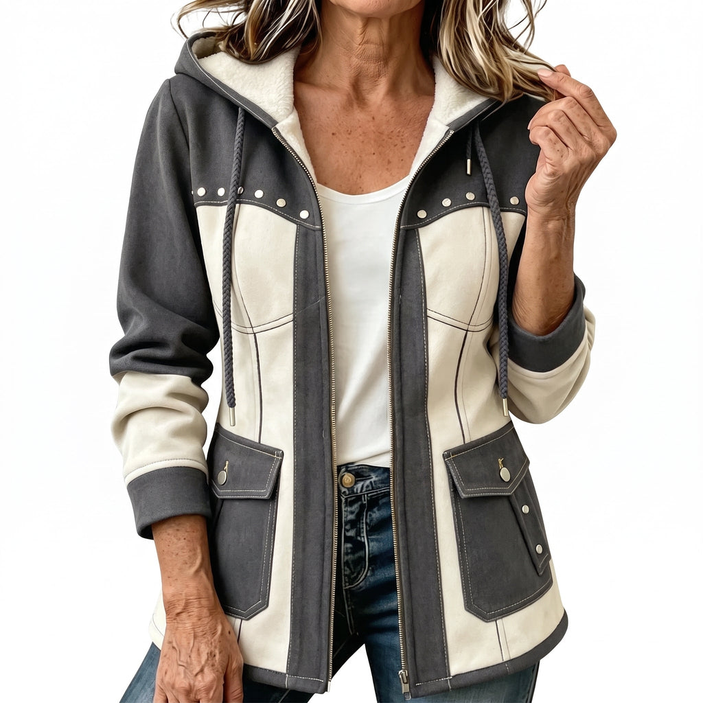Irene | Chaqueta moderna de dos materiales con capucha