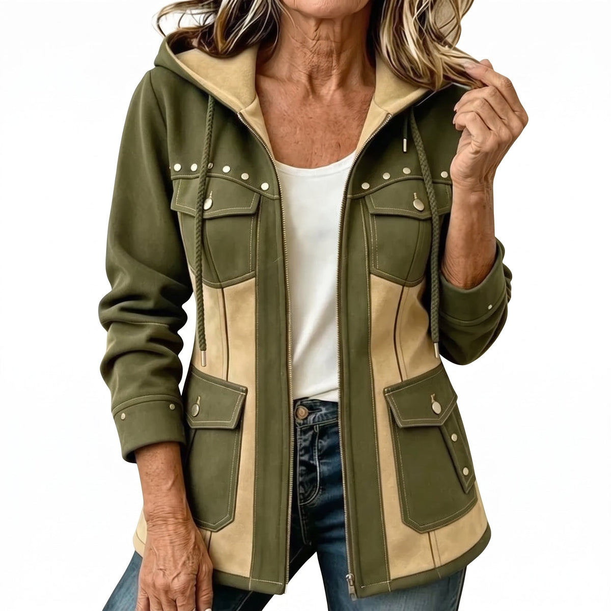 Irene | Chaqueta moderna de dos materiales con capucha