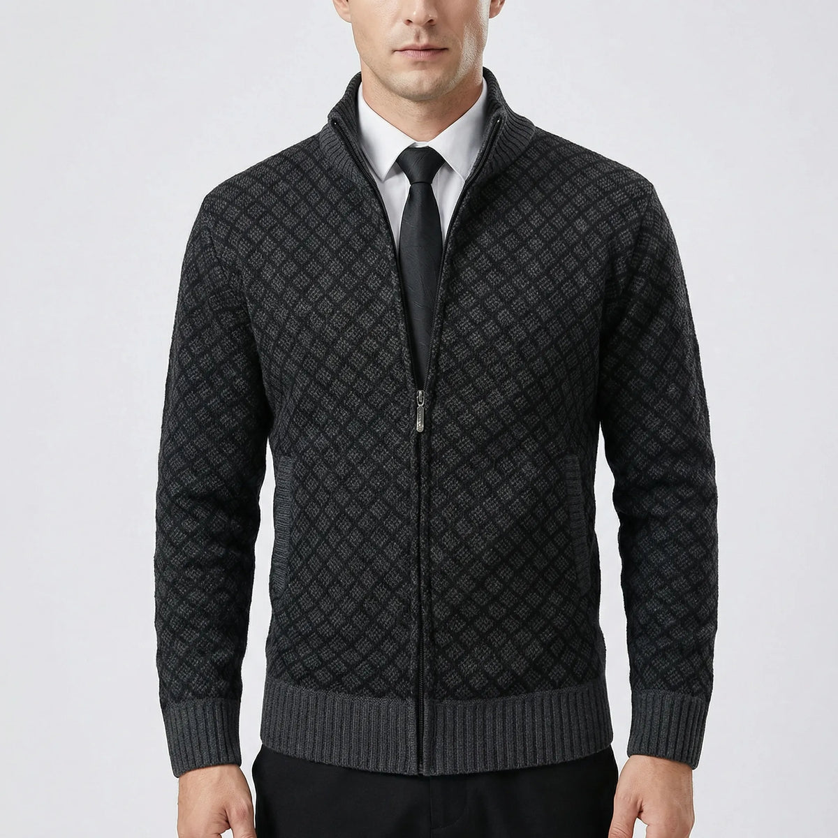 Chaqueta de punto para hombre con cremallera y cuello alto