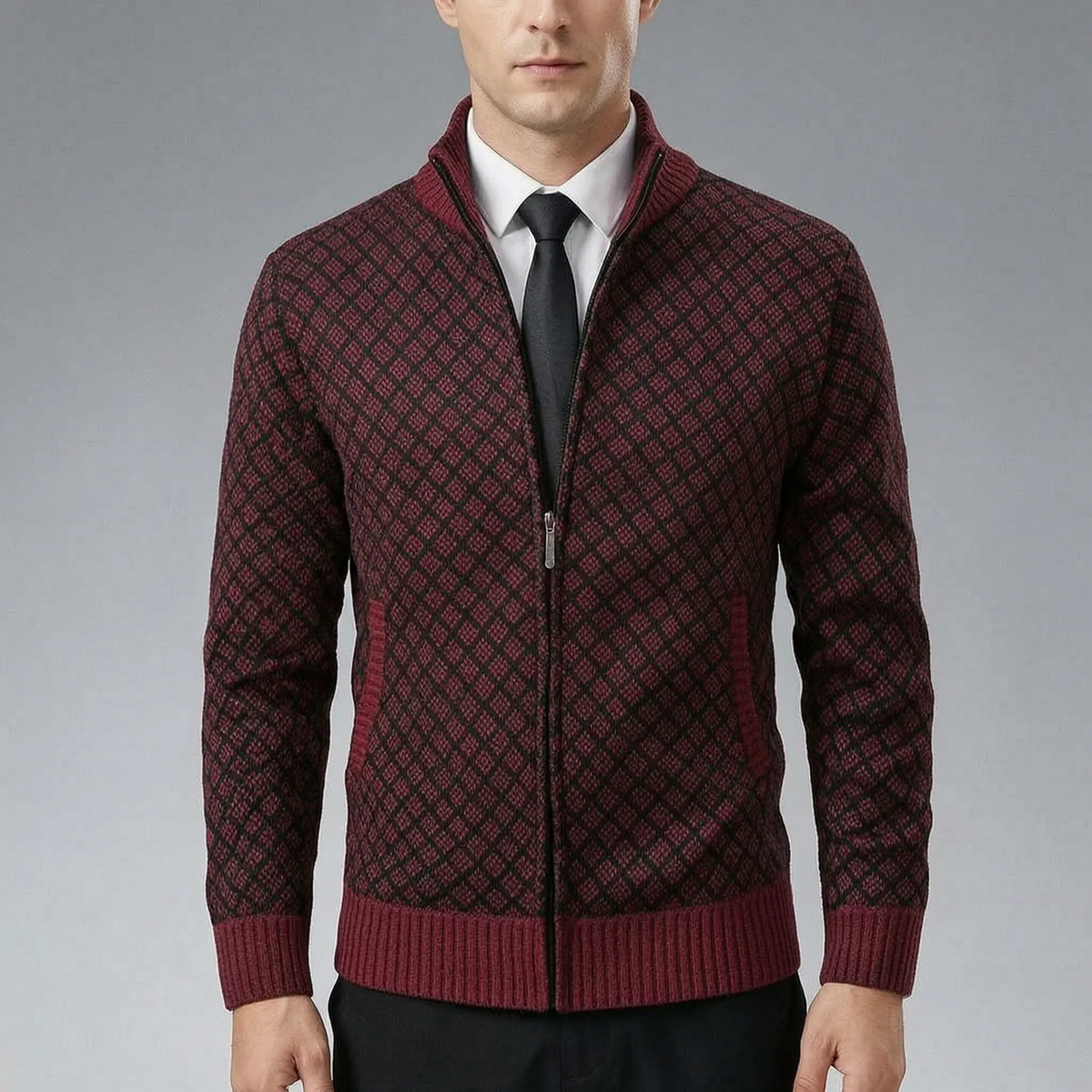 Chaqueta de punto para hombre con cremallera y cuello alto