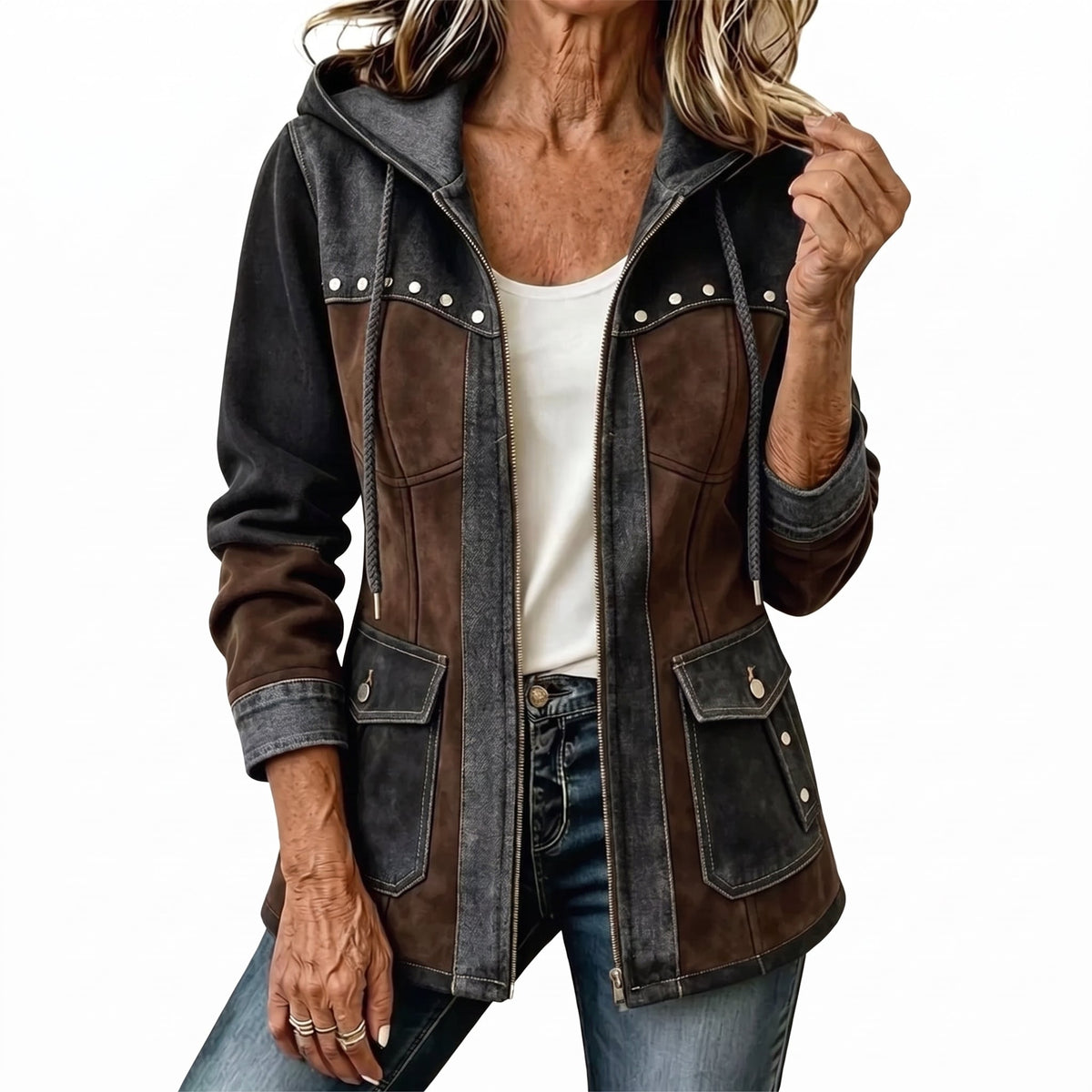 Irene | Chaqueta moderna de dos materiales con capucha