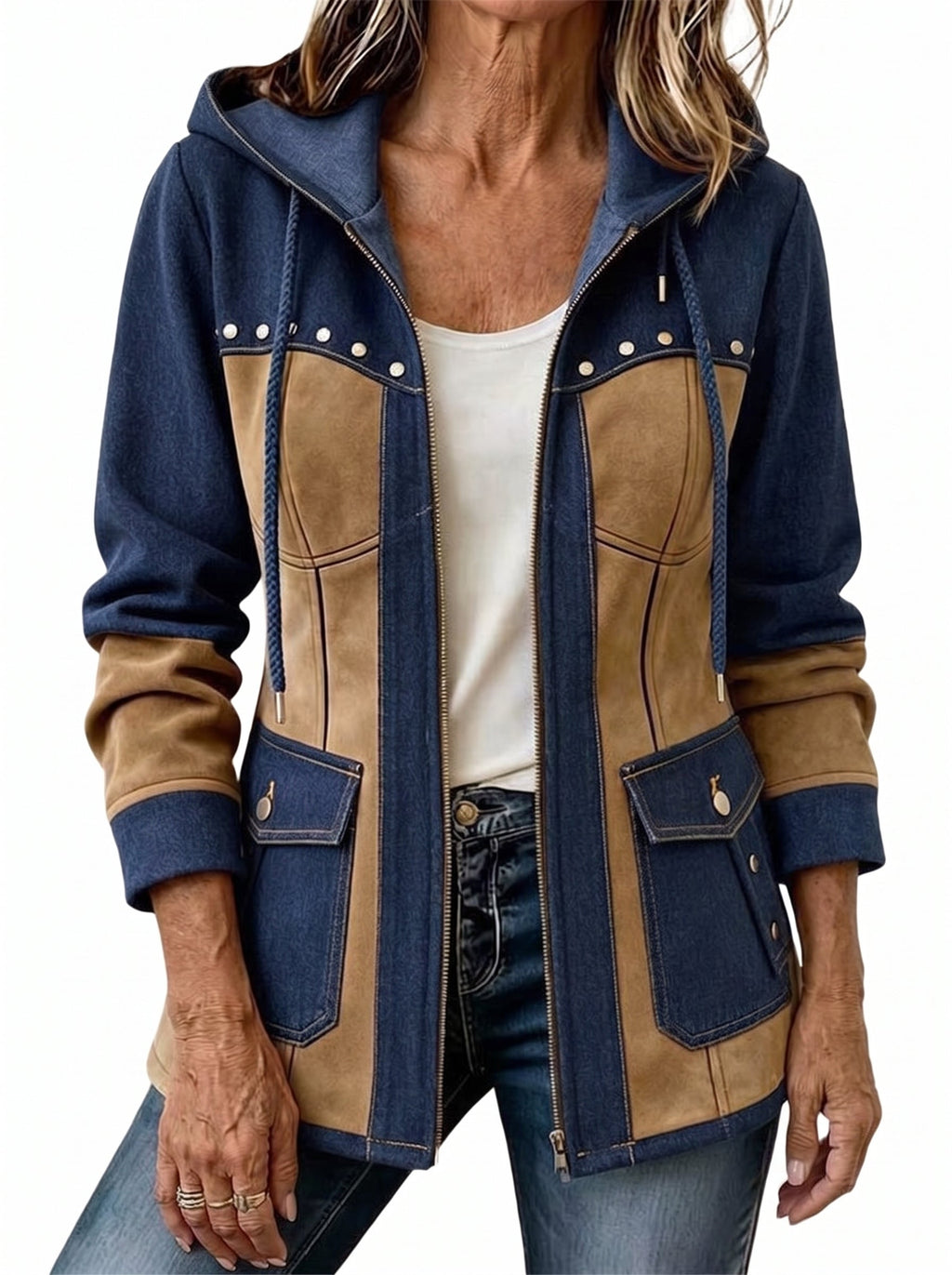 Irene | Chaqueta moderna de dos materiales con capucha