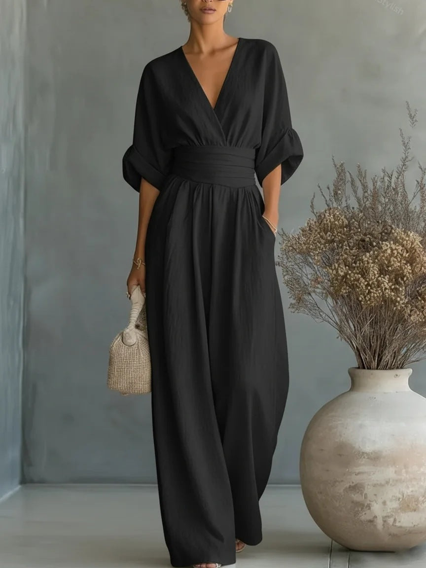 Vestido elegante con escote en V, espalda descubierta y mangas fluidas