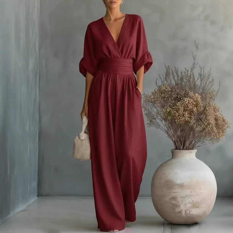 Vestido elegante con escote en V, espalda descubierta y mangas fluidas