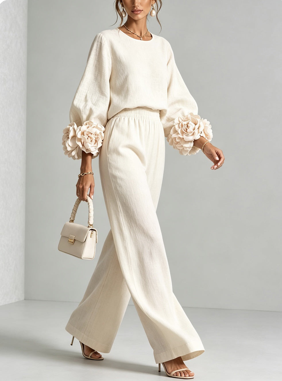 Ofelia | Elegante conjunto con puños florales y pantalones de pierna ancha