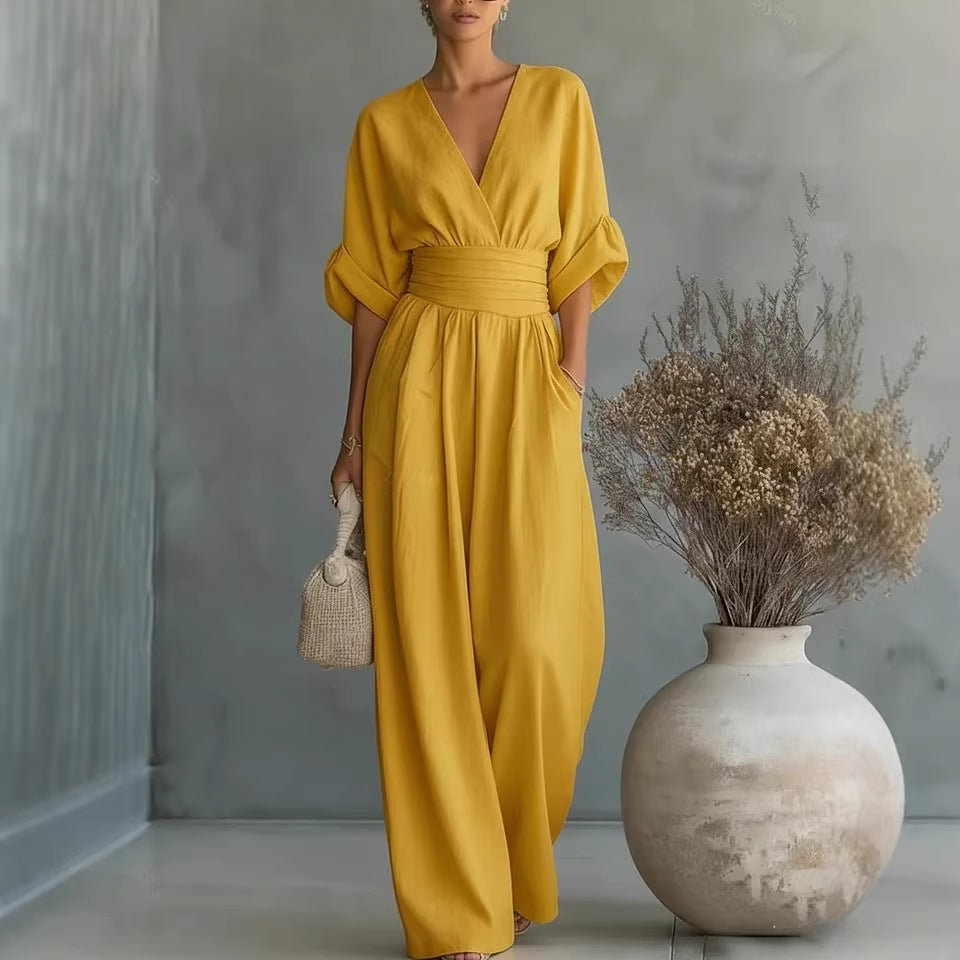 Vestido elegante con escote en V, espalda descubierta y mangas fluidas
