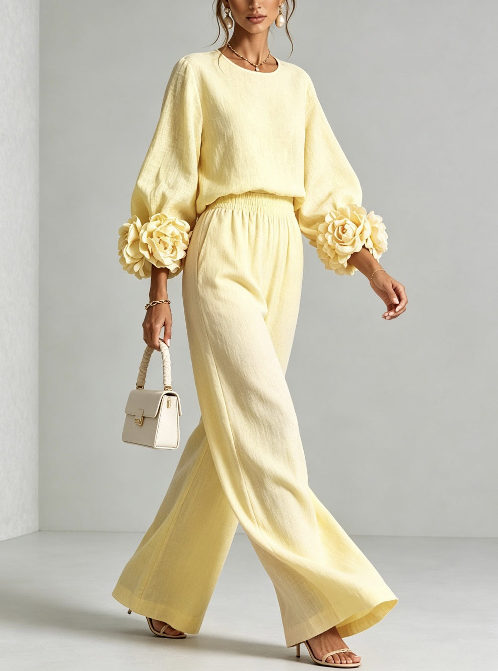 Ofelia | Elegante conjunto con puños florales y pantalones de pierna ancha