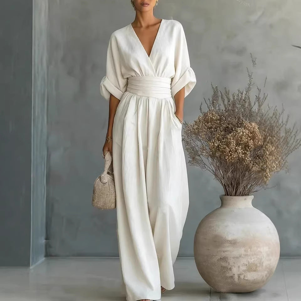 Vestido elegante con escote en V, espalda descubierta y mangas fluidas
