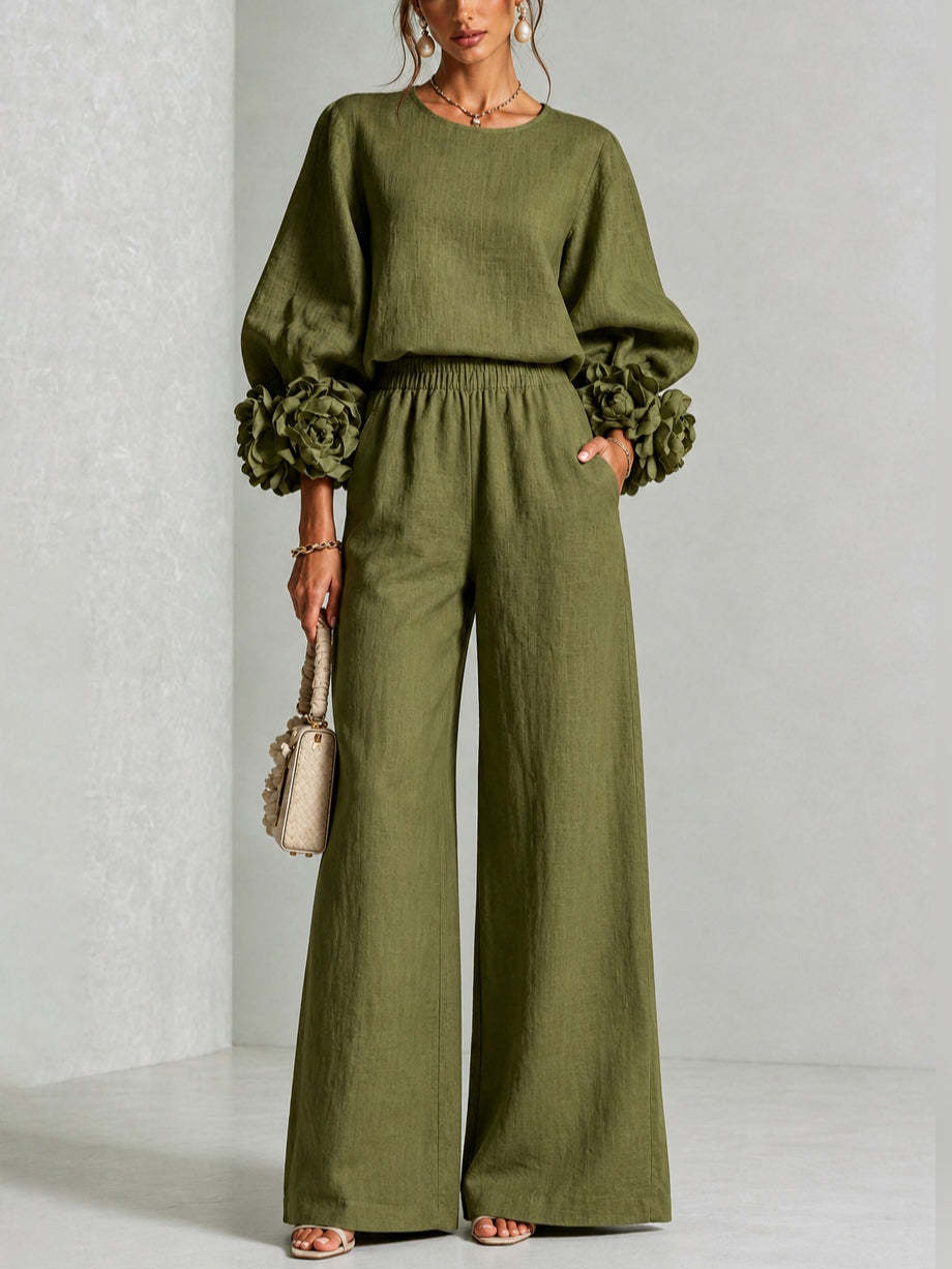Ofelia | Elegante conjunto con puños florales y pantalones de pierna ancha