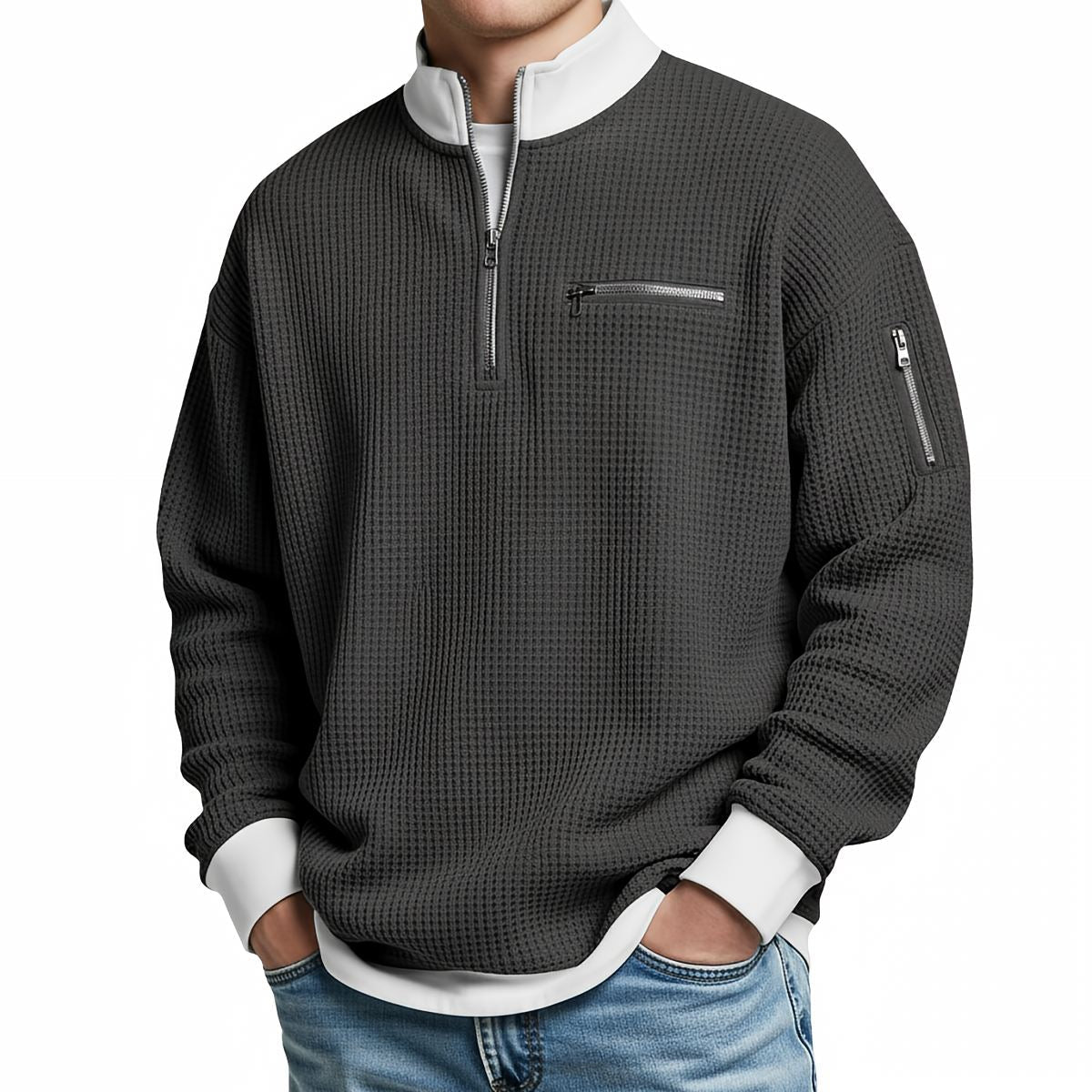 Jersey de hombre de punto waffle con media cremallera – Elegante y cómodo