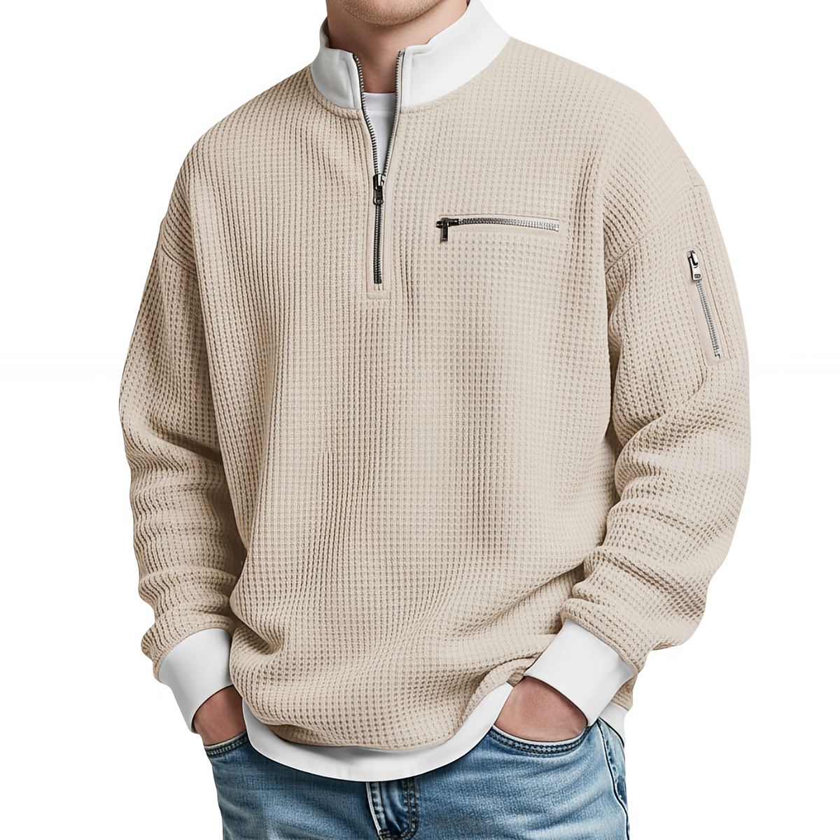 Jersey de hombre de punto waffle con media cremallera – Elegante y cómodo