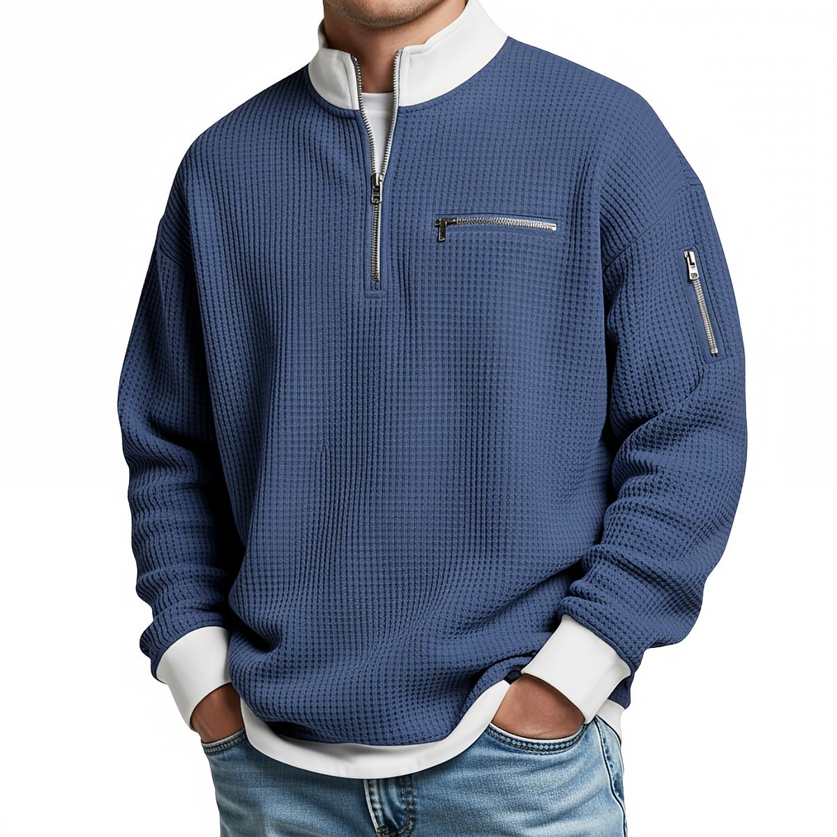 Jersey de hombre de punto waffle con media cremallera – Elegante y cómodo