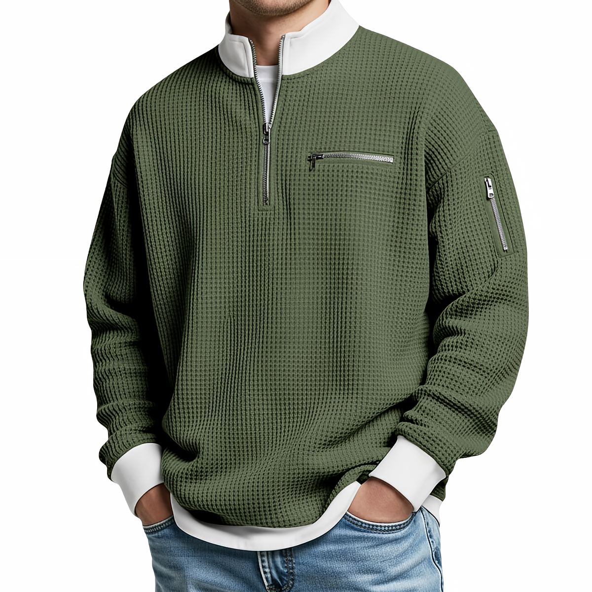 Jersey de hombre de punto waffle con media cremallera – Elegante y cómodo