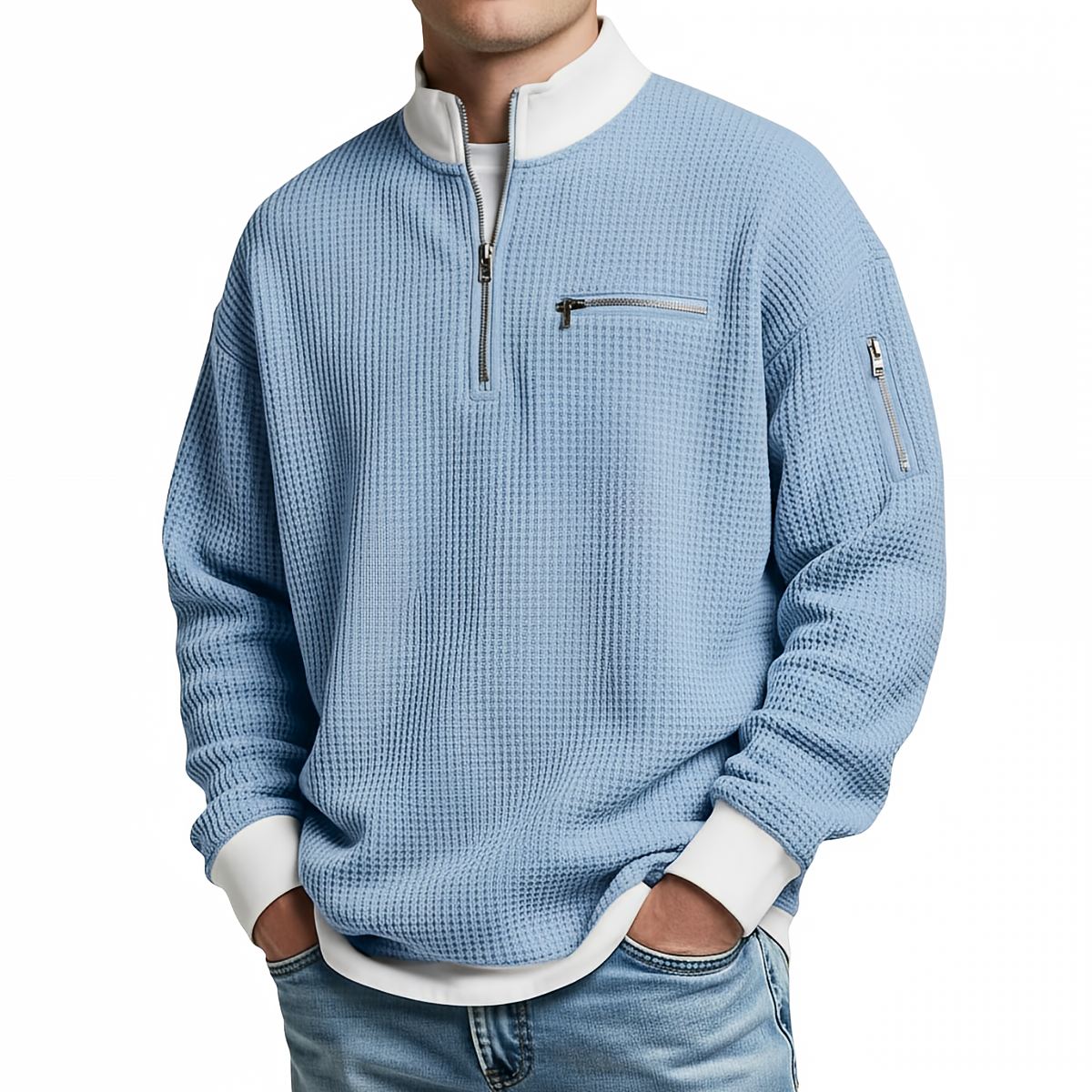 Jersey de hombre de punto waffle con media cremallera – Elegante y cómodo