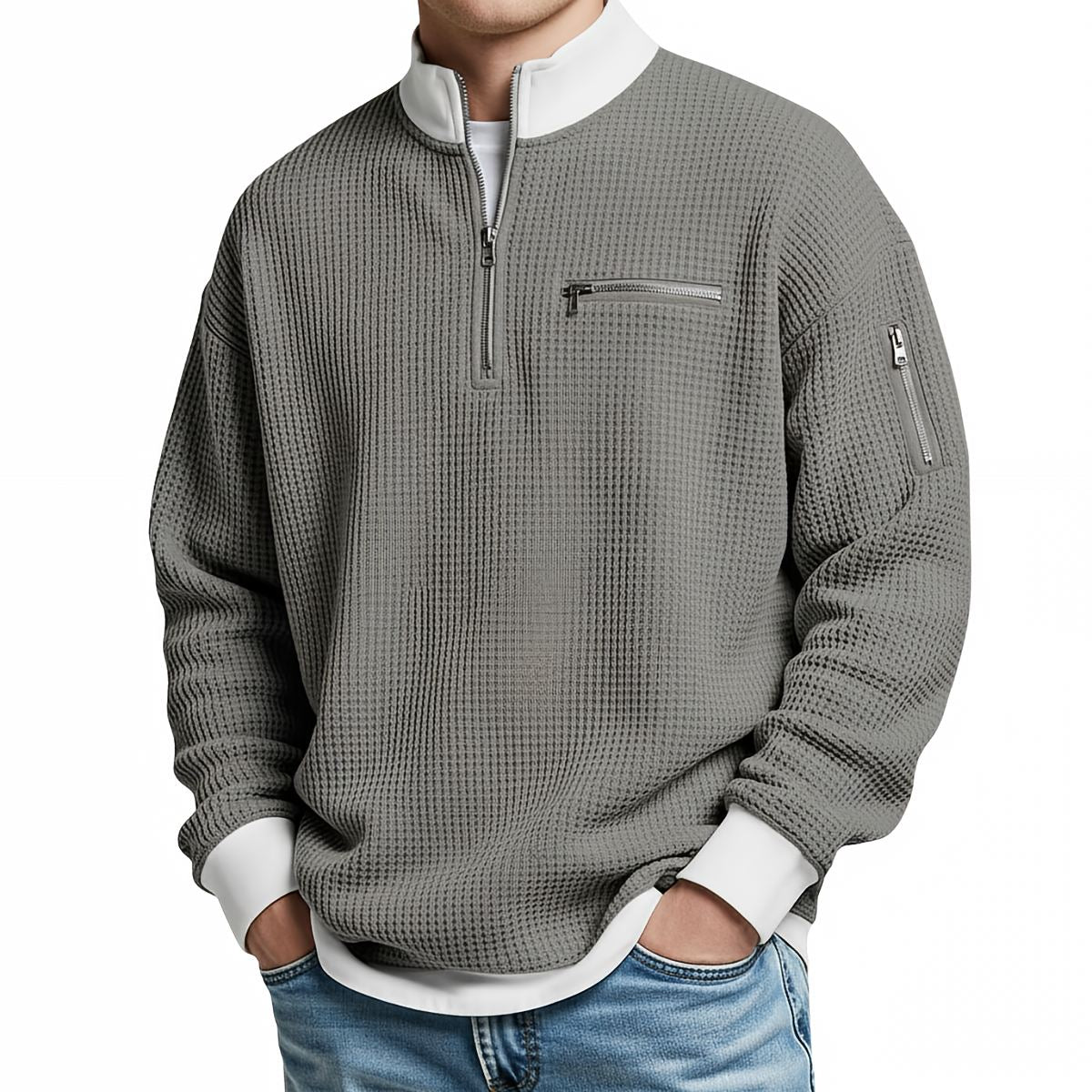 Jersey de hombre de punto waffle con media cremallera – Elegante y cómodo