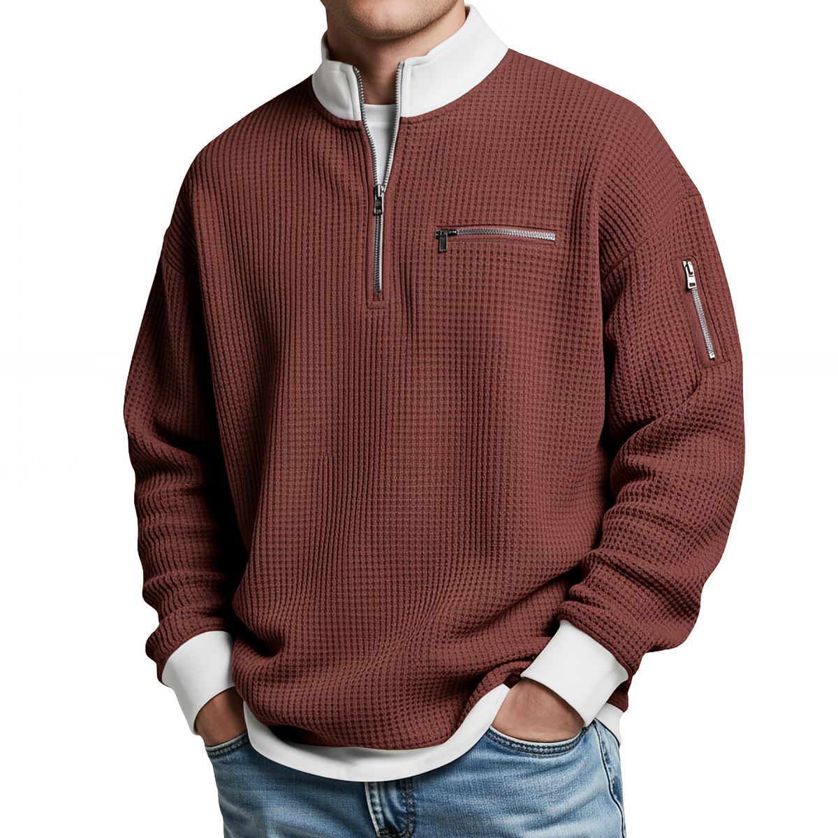 Jersey de hombre de punto waffle con media cremallera – Elegante y cómodo