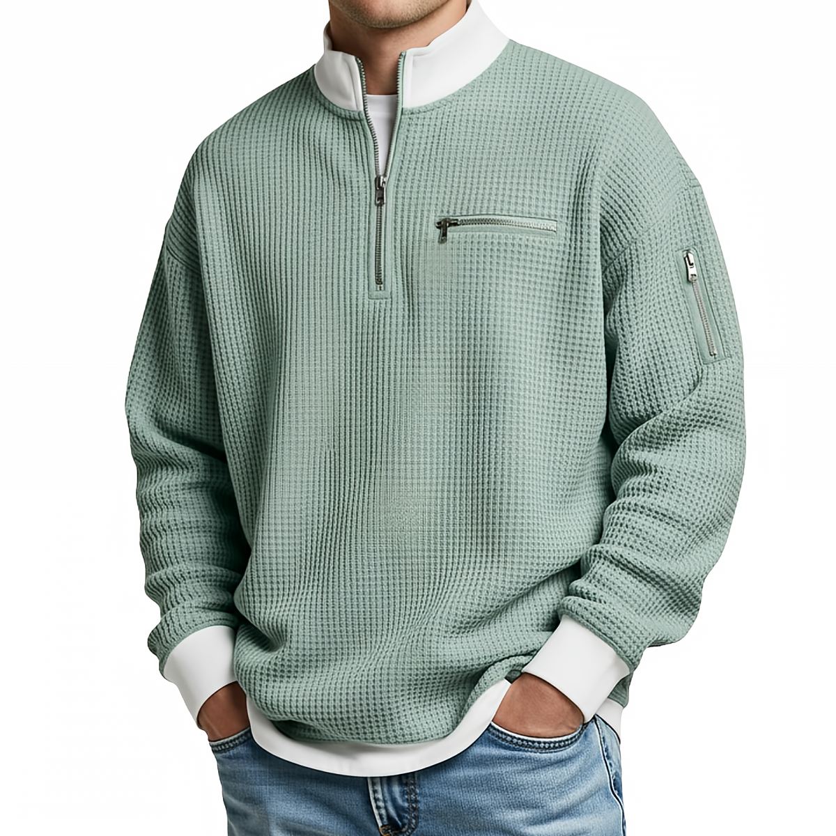Jersey de hombre de punto waffle con media cremallera – Elegante y cómodo