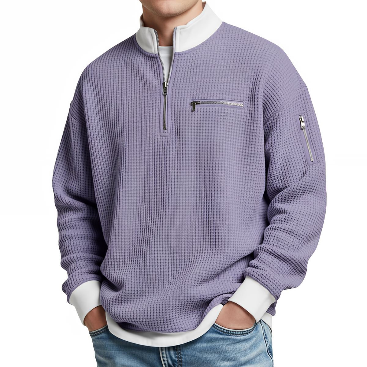 Jersey de hombre de punto waffle con media cremallera – Elegante y cómodo