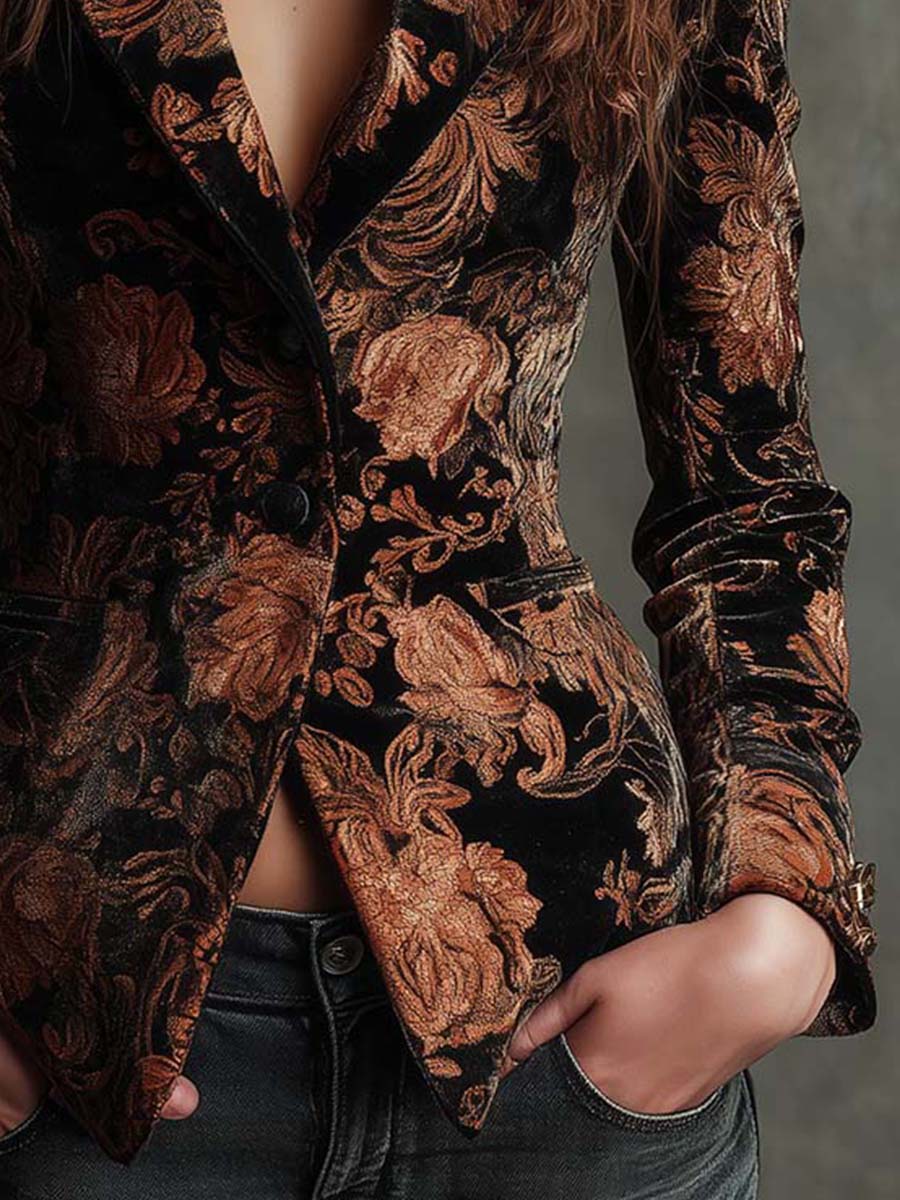 Berta | Blazer sastre elegante con estampado floral negro y bronce