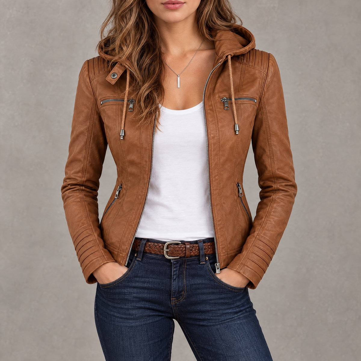 Flavia chaqueta de cuero camel con capucha