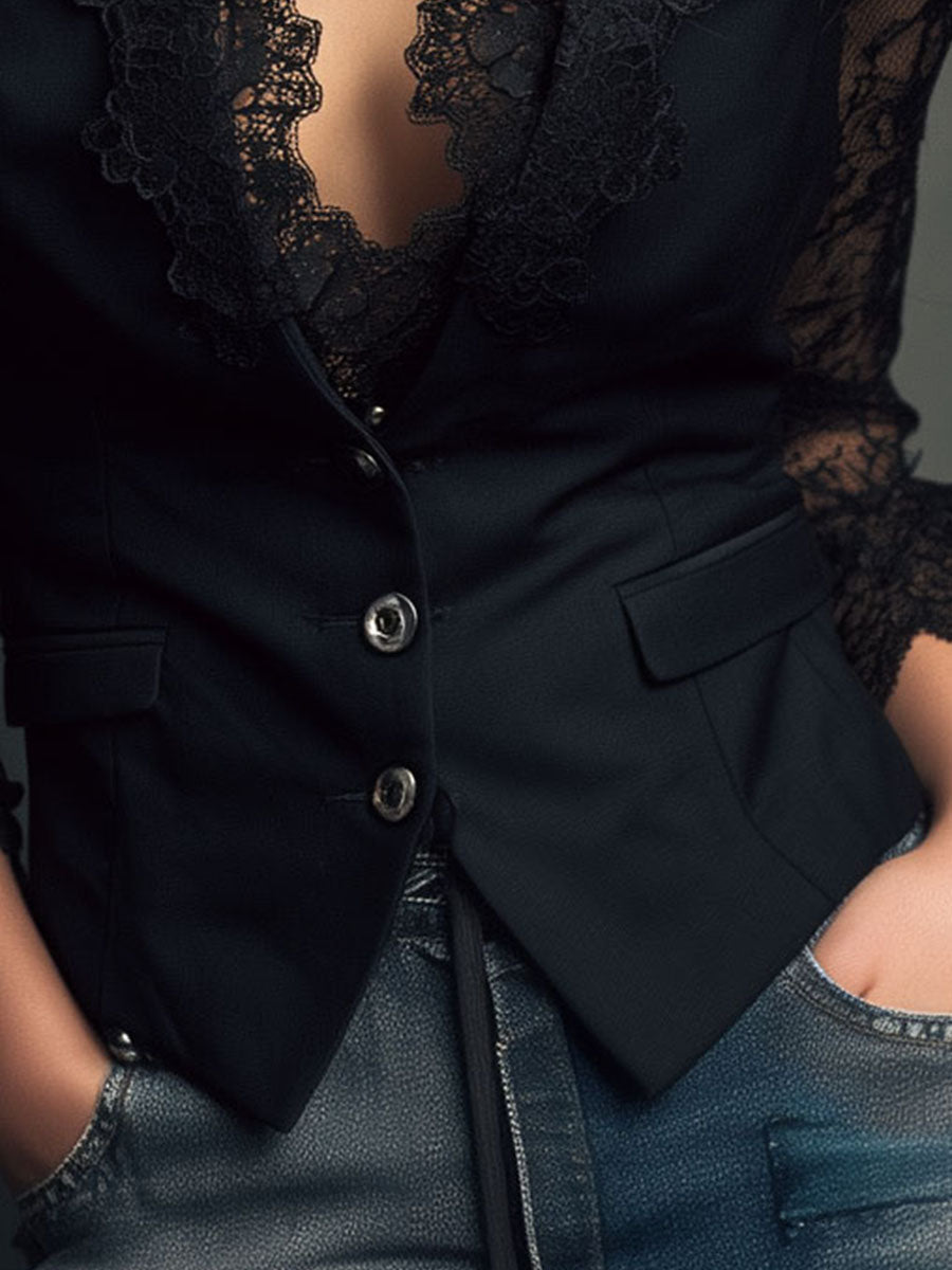 Noemí | Elegante blazer negro con mangas semitransparentes